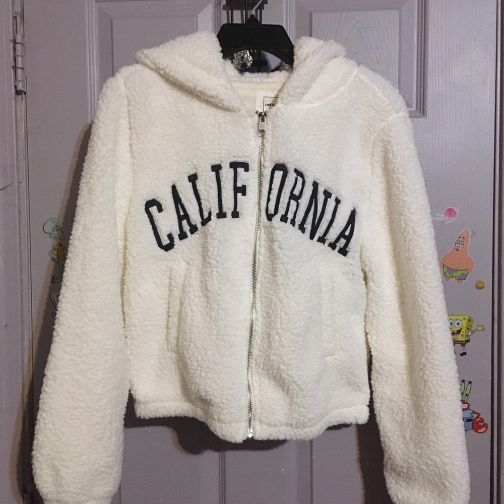 Ivory Sherpa Zip Hoodie with 'CALIFORNIA' Letters